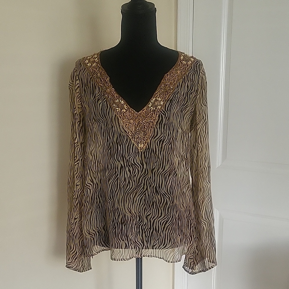Cache Black and Tan Sheer Zebra Print Blouse